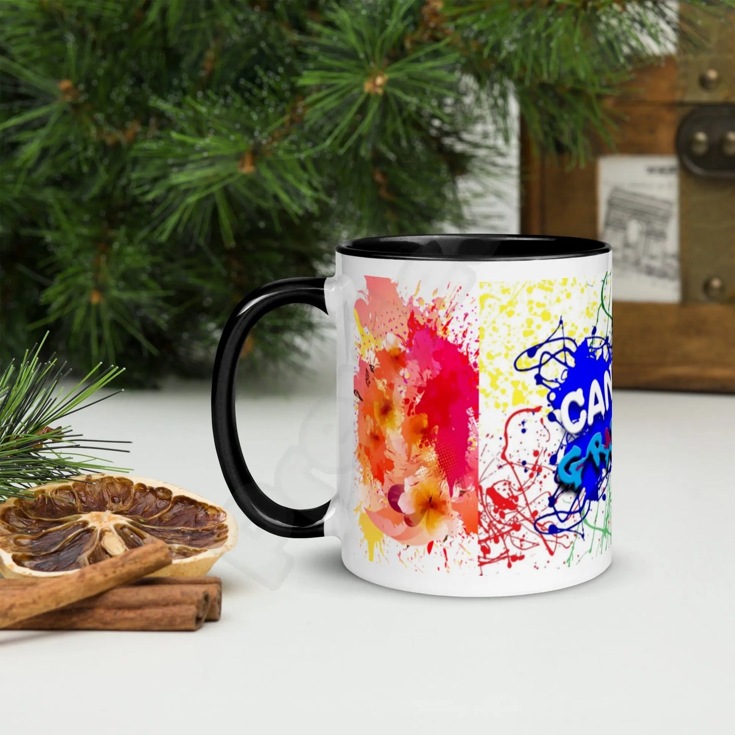 Mug with Color InsideAdd a splash of color to your morning coffee or tea ritual! These ceramic mugs not only have a beautiful design on them, but also a colorful rim, handle, and inside,Canvas GraffittiColor Inside