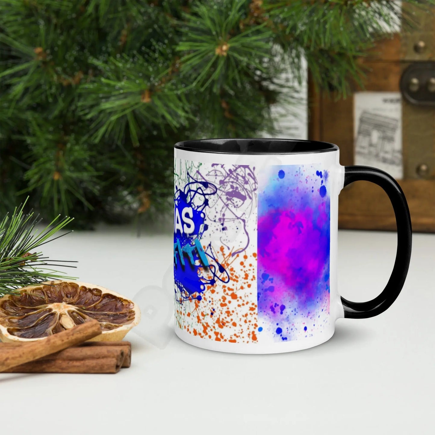 Mug with Color InsideAdd a splash of color to your morning coffee or tea ritual! These ceramic mugs not only have a beautiful design on them, but also a colorful rim, handle, and inside,Canvas GraffittiColor Inside
