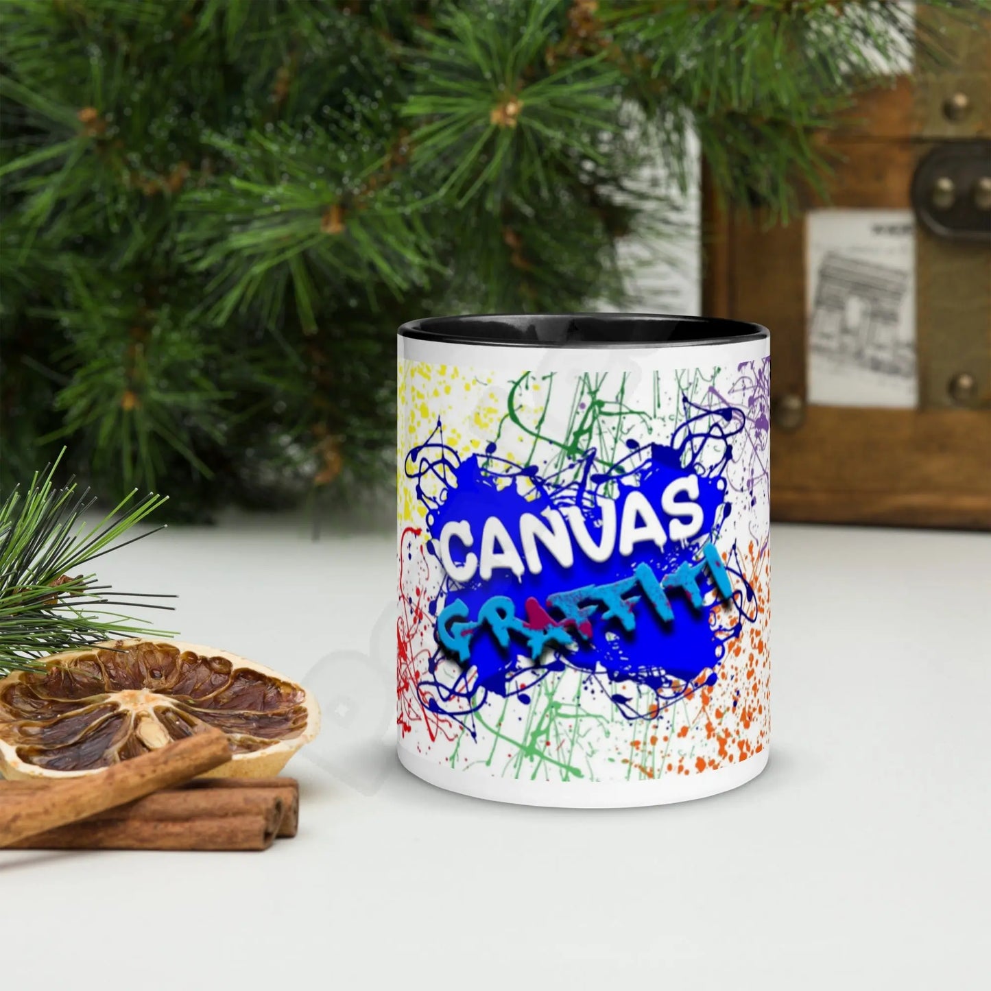 Mug with Color InsideAdd a splash of color to your morning coffee or tea ritual! These ceramic mugs not only have a beautiful design on them, but also a colorful rim, handle, and inside,Canvas GraffittiColor Inside