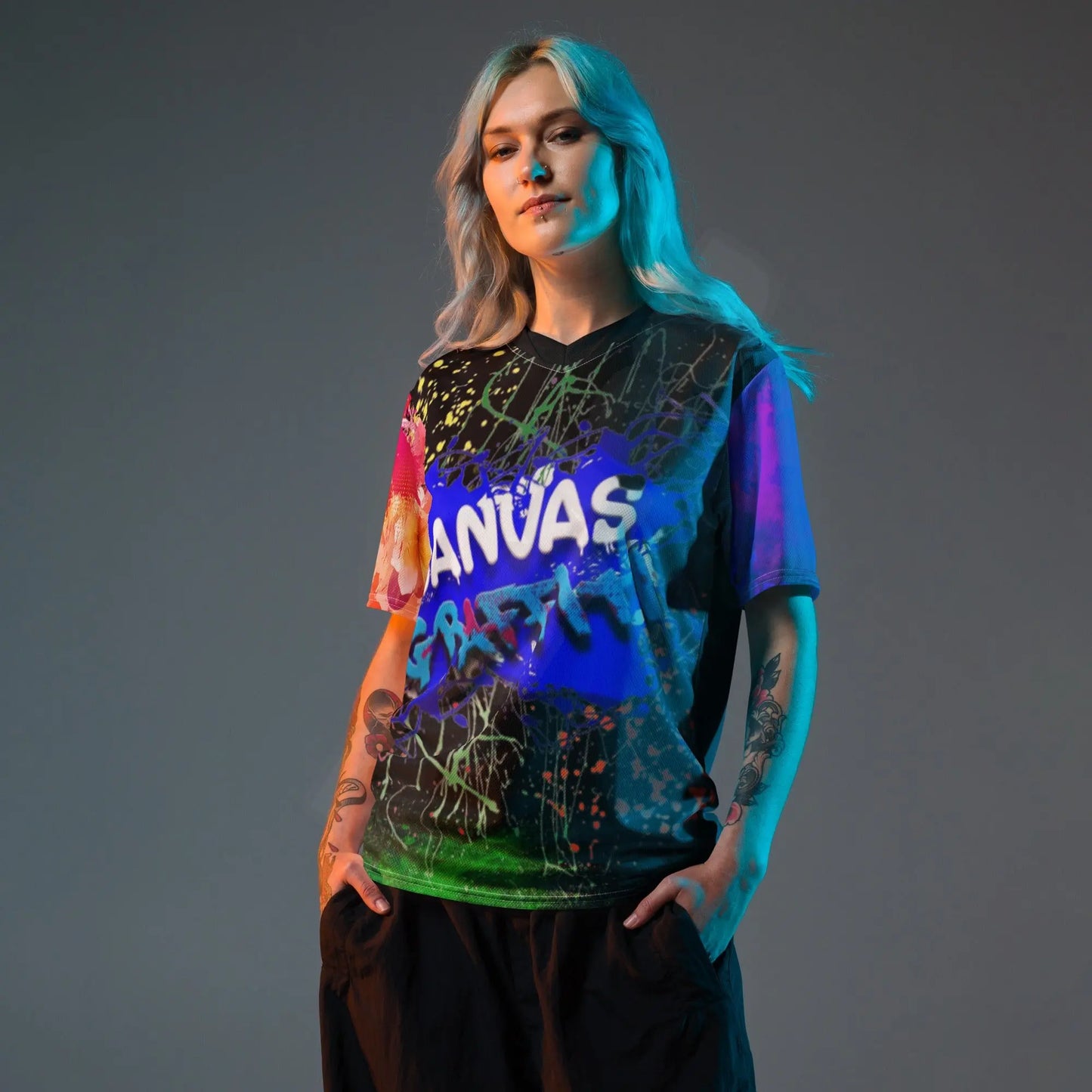 unisex sports jersey (black)Looking for the perfect sports jersey? We have you covered—made of 100% recycled polyester fabric, this shirt is breathable, moisture-wicking, and has a double-layerCanvas Graffittiunisex sports jersey (black)