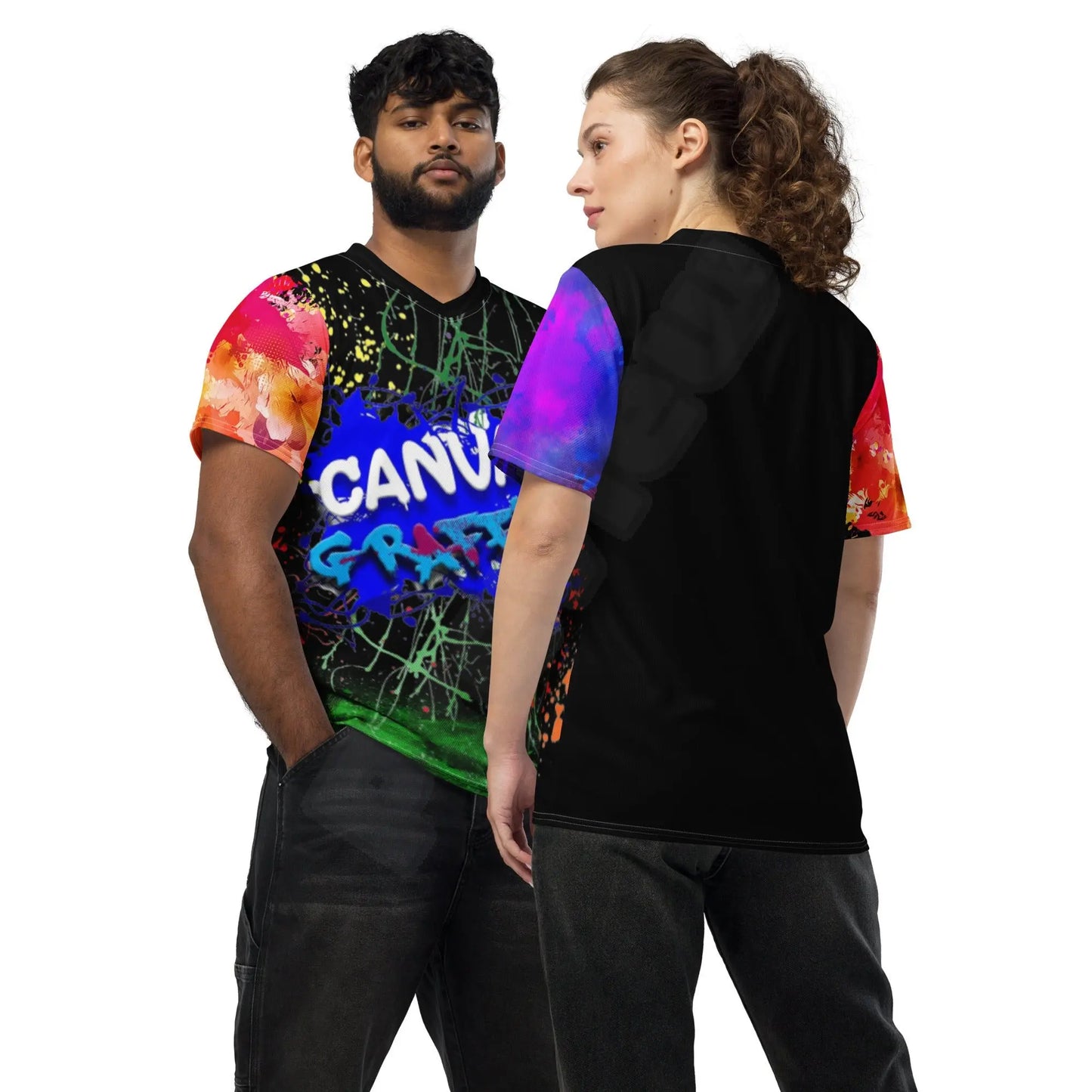 unisex sports jersey (black)Looking for the perfect sports jersey? We have you covered—made of 100% recycled polyester fabric, this shirt is breathable, moisture-wicking, and has a double-layerCanvas Graffittiunisex sports jersey (black)