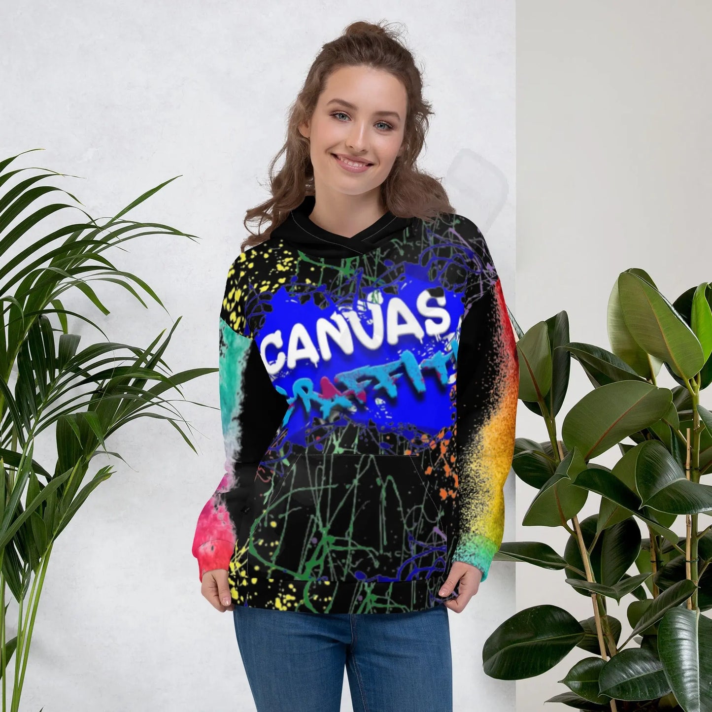 Unisex Hoodie (black)This comfy unisex hoodie has a soft outside with a vibrant print and an even softer brushed fleece inside. The hoodie has a relaxed fit, and it's perfect for wrappinCanvas GraffittiUnisex Hoodie (black)
