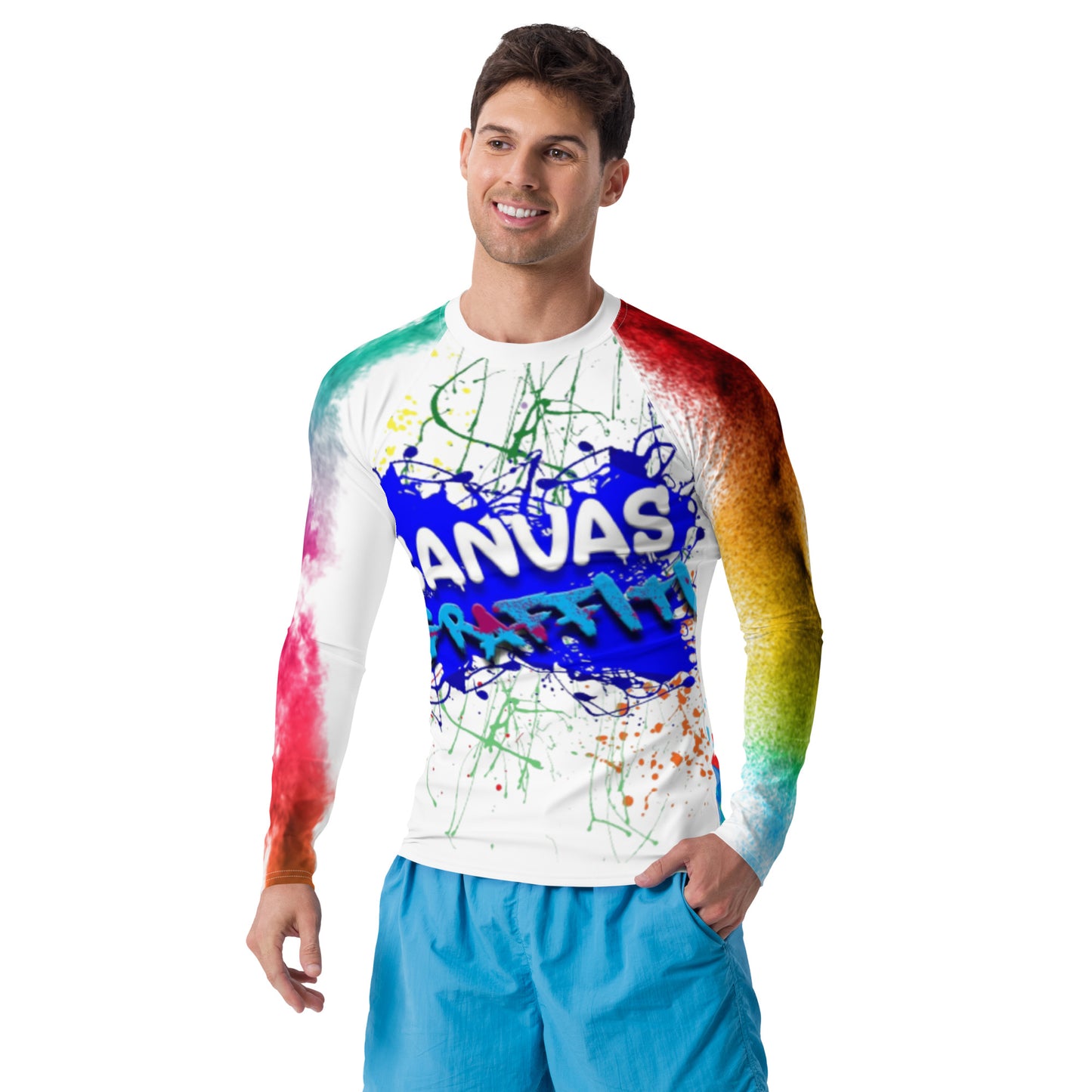 Men's Rash GuardDon’t let sunburn, wind, sand, or other elements ruin your day! This smooth and versatile long-sleeve rash guard will protect you while you have fun doing sports. ItCanvas GraffittiRash Guard
