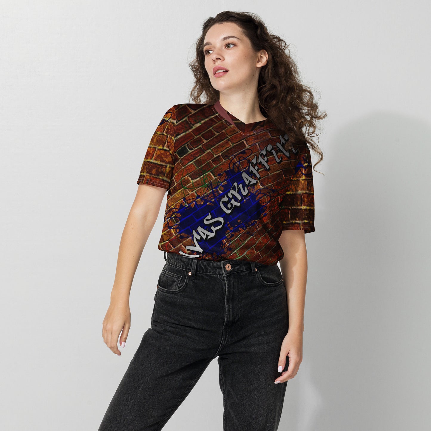 unisex sports jersey (brick)Looking for the perfect sports jersey? We have you covered—made of 100% recycled polyester fabric, this shirt is breathable, moisture-wicking, and has a double-layerCanvas Graffittiunisex sports jersey (brick)