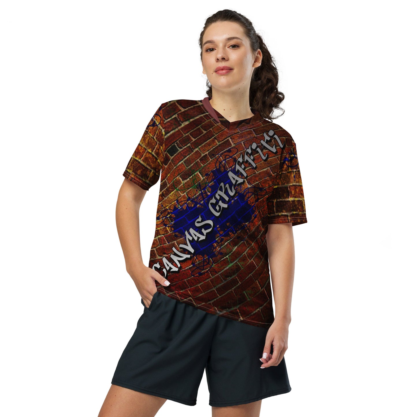 unisex sports jersey (brick)Looking for the perfect sports jersey? We have you covered—made of 100% recycled polyester fabric, this shirt is breathable, moisture-wicking, and has a double-layerCanvas Graffittiunisex sports jersey (brick)