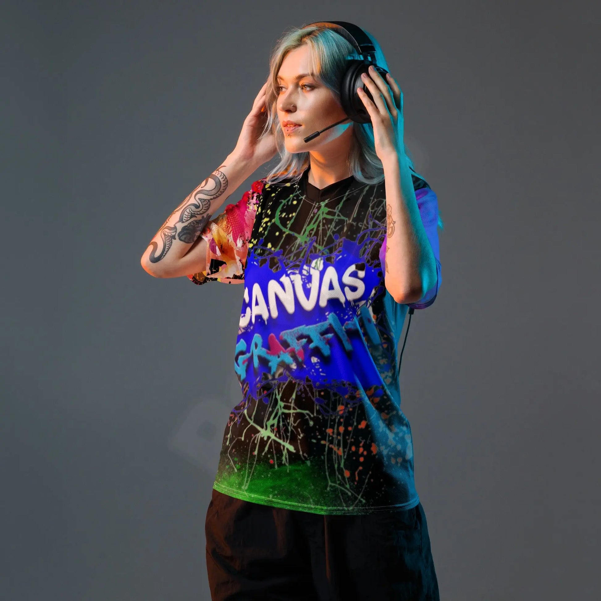 unisex sports jersey (black)Looking for the perfect sports jersey? We have you covered—made of 100% recycled polyester fabric, this shirt is breathable, moisture-wicking, and has a double-layerCanvas Graffittiunisex sports jersey (black)